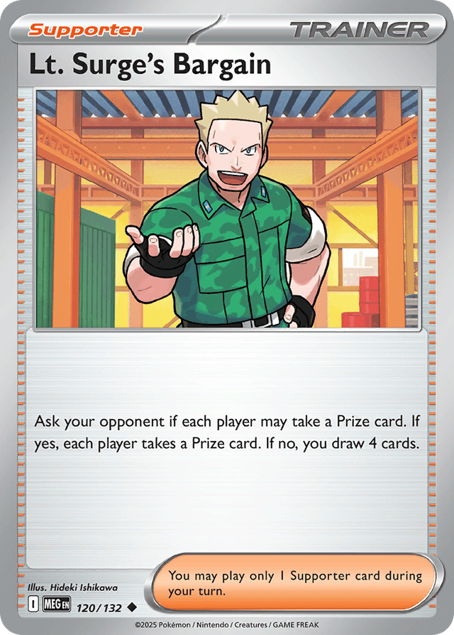 Carta Lt. Surge's Bargain 120/132 do set Mega Evolution — Pokémon TCG | Bynx