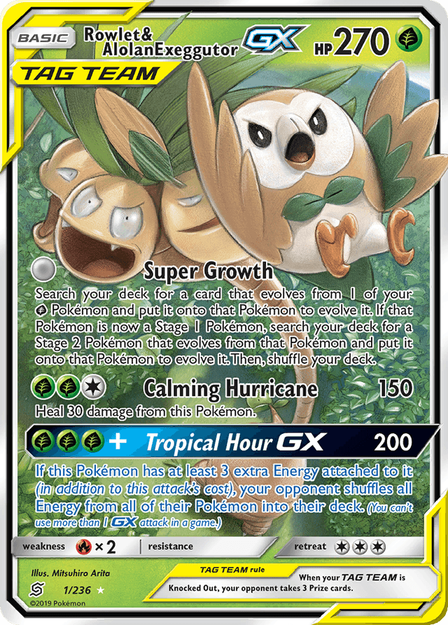 Carta Rowlet & Alolan Exeggutor-GX 1/236 do set Unified Minds — Pokémon TCG | Bynx