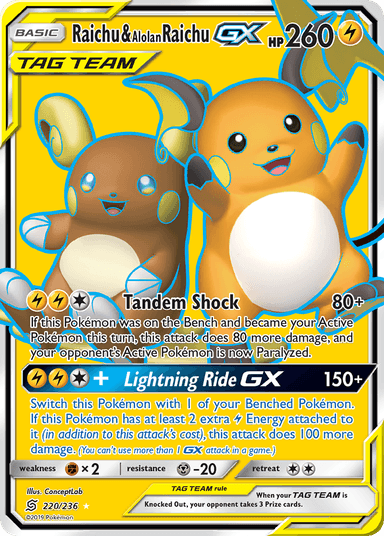 Carta Raichu & Alolan Raichu-GX 220/236 do set Unified Minds — Pokémon TCG | Bynx