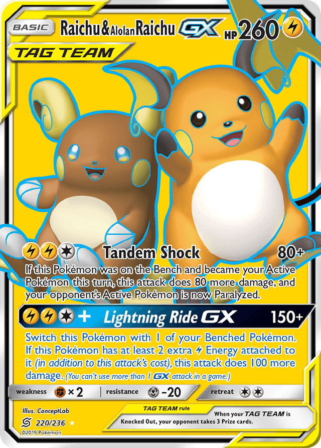 Carta Raichu & Alolan Raichu-GX 220/236 do set Unified Minds — Pokémon TCG | Bynx