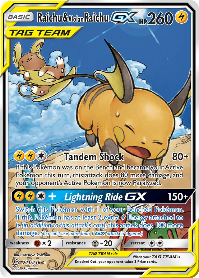 Carta Raichu & Alolan Raichu-GX 221/236 do set Unified Minds — Pokémon TCG | Bynx