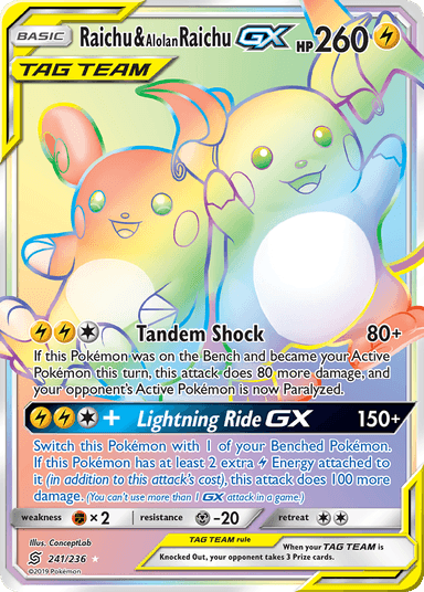 Carta Raichu & Alolan Raichu-GX 241/236 do set Unified Minds — Pokémon TCG | Bynx