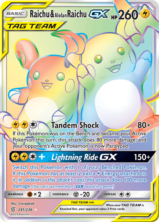 Carta Raichu & Alolan Raichu-GX 241/236 do set Unified Minds — Pokémon TCG | Bynx