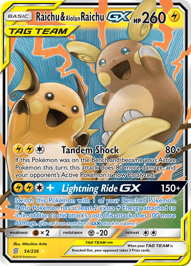 Carta Raichu & Alolan Raichu-GX 54/236 do set Unified Minds — Pokémon TCG | Bynx