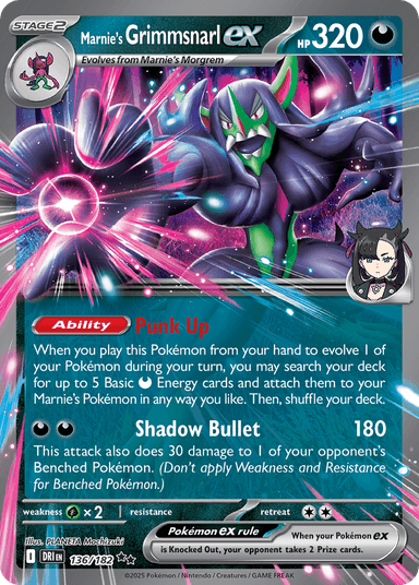 Carta Marnie's Grimmsnarl ex 136/182 do set Destined Rivals — Pokémon TCG | Bynx