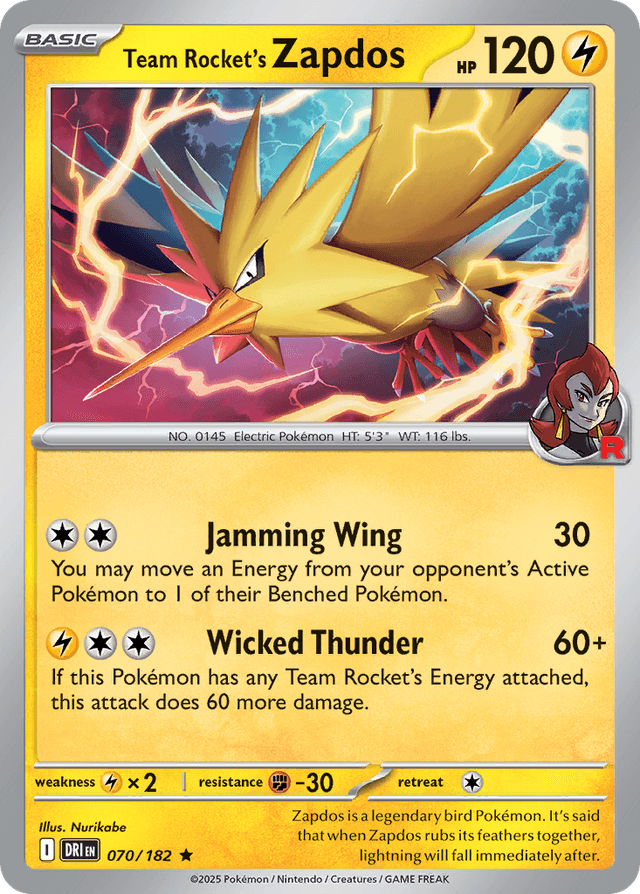 Carta Team Rocket's Zapdos 70/182 do set Destined Rivals — Pokémon TCG | Bynx