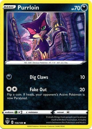Carta Purrloin (106/189) do set Escuridão Incandescente — Pokémon TCG | Bynx
